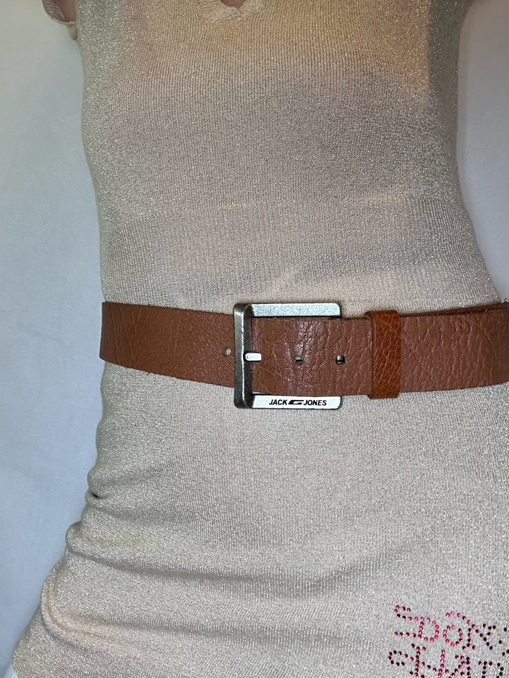 Jack & Jones Cognac Brown Pebbled Leather Belt, Antique Silver Buckle Size 32/34